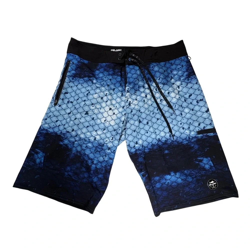 Pelagic Hydro-Lite Blue Fish Scale Board Shorts Mens 34 Fishing Trunks Stretch
